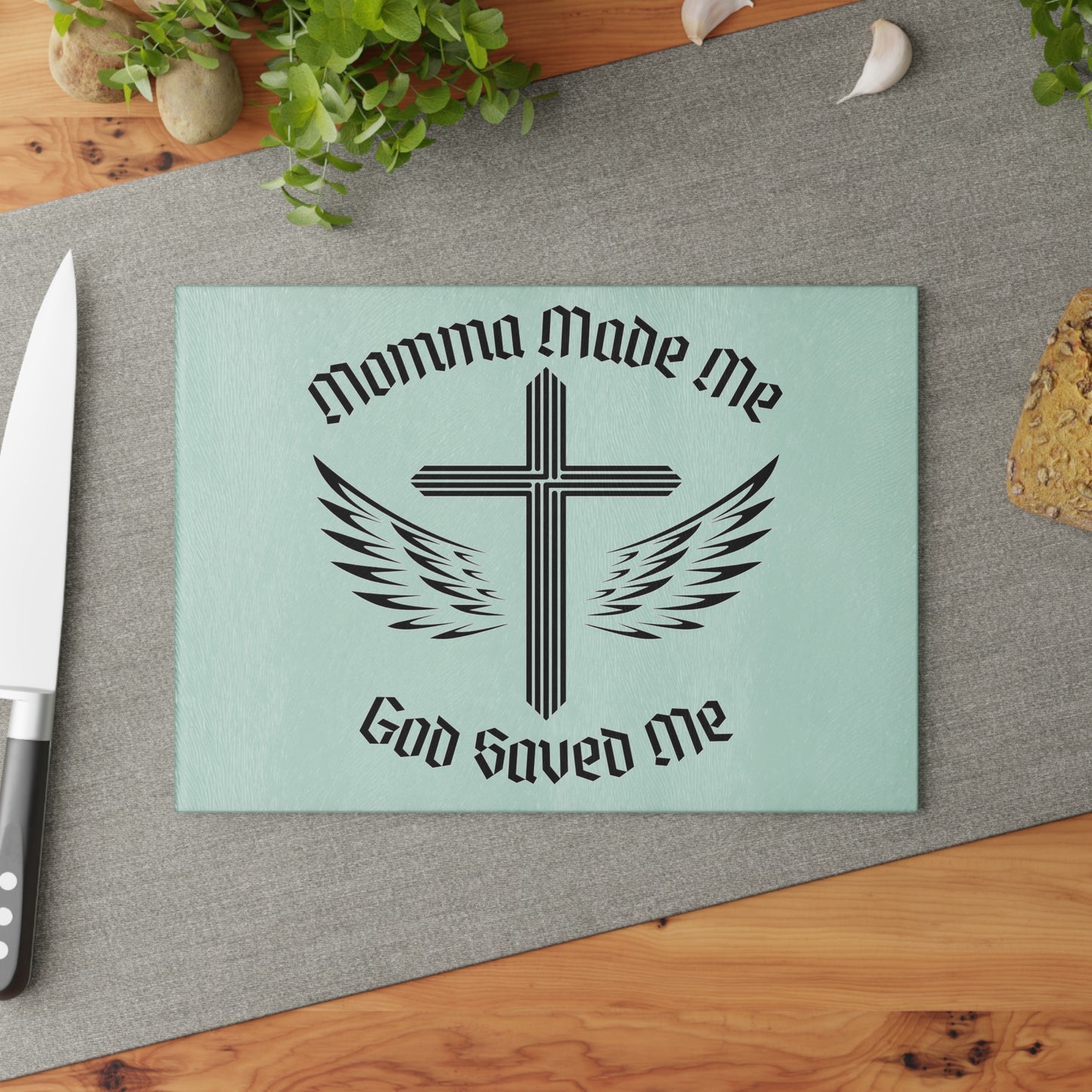 Momma Made Me/God Saved Me - Glass Cutting Board